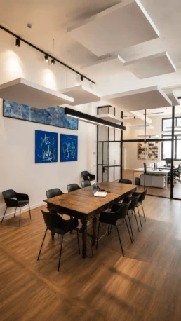Pannelli fonoassorbenti a soffitto in una sala riunioni per migliorare il comfort acustico