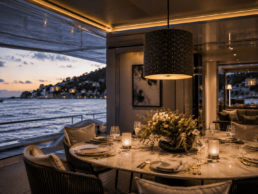 Lampada acustica in feltro PET installata a bordo di uno yacht di lusso per migliorare il comfort acustico e ridurre il riverbero.