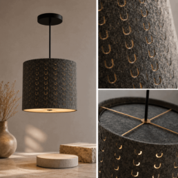 Lampada acustica in feltro PET con dettagli del paralume fonoassorbente progettata per ridurre il riverbero in uffici, ristoranti e spazi hospitality.