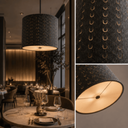 Lampada acustica in feltro PET installata in un ristorante di design per ridurre il riverbero e migliorare il comfort acustico.