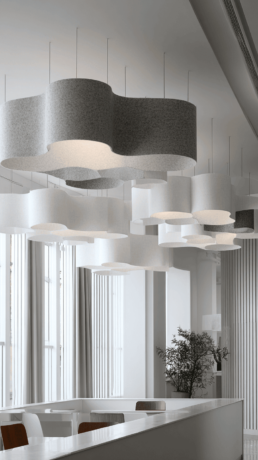 Soluzioni acustiche per ristoranti con pannelli fonoassorbenti a soffitto