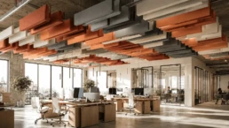 Pannelli fonoassorbenti sospesi a soffitto in un ufficio open space moderno