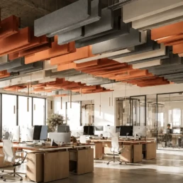 Pannelli fonoassorbenti sospesi a soffitto in un ufficio open space moderno
