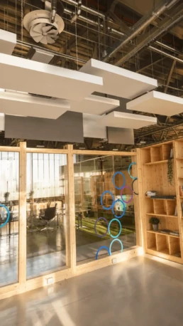 Pannelli fonoassorbenti rettangolari sospesi al soffitto di un ufficio coworking