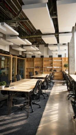 Pannelli fonoassorbenti sospesi al soffitto di un ufficio open space