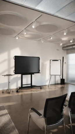 Pannelli fonoassorbenti circolari a soffitto in una sala meeting aziendale