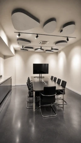 Pannelli fonoassorbenti sagomati a soffitto in una sala riunioni moderna